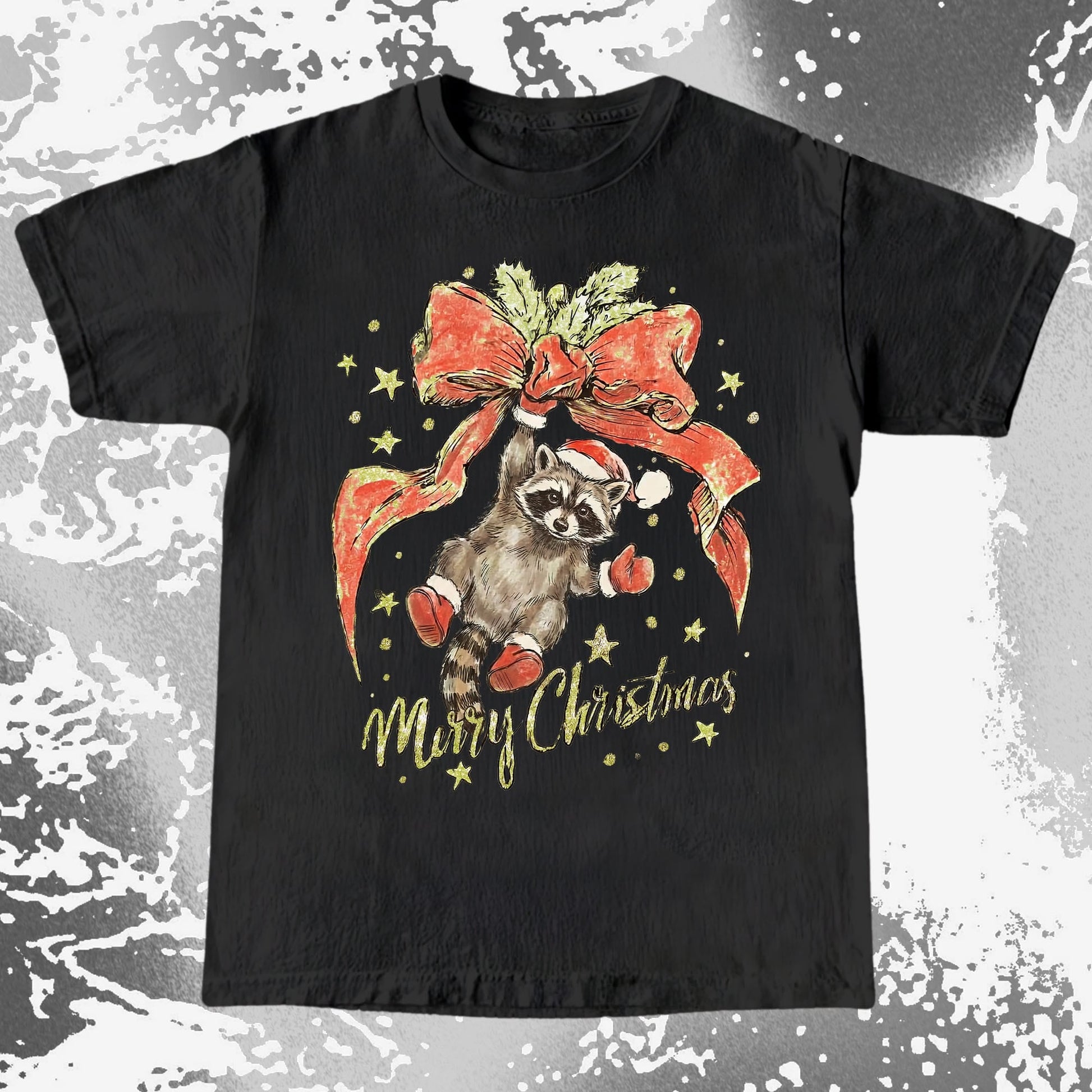 Merry Christmas Raccoon Hanging Bow Shirt, funny meme tee gift (view 4)