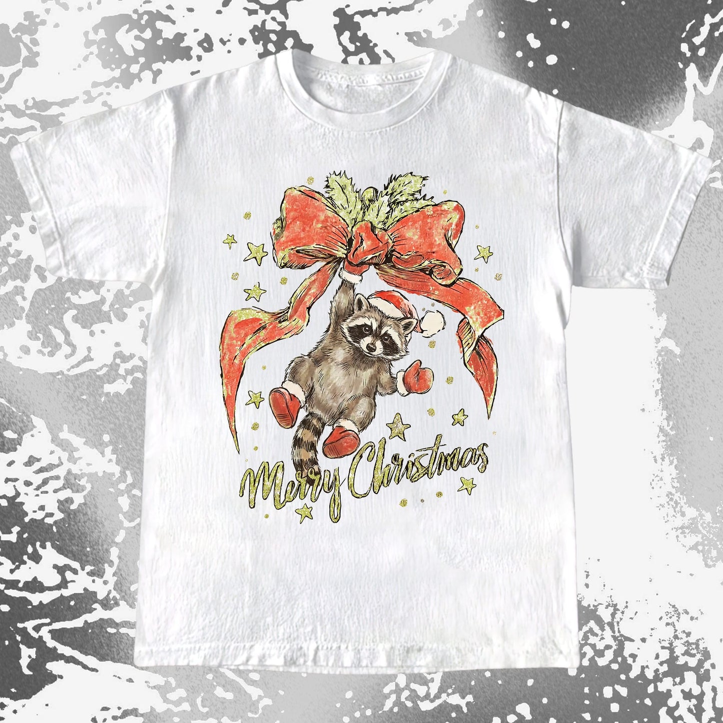 Merry Christmas Raccoon Hanging Bow Shirt, funny meme tee gift (view 3)
