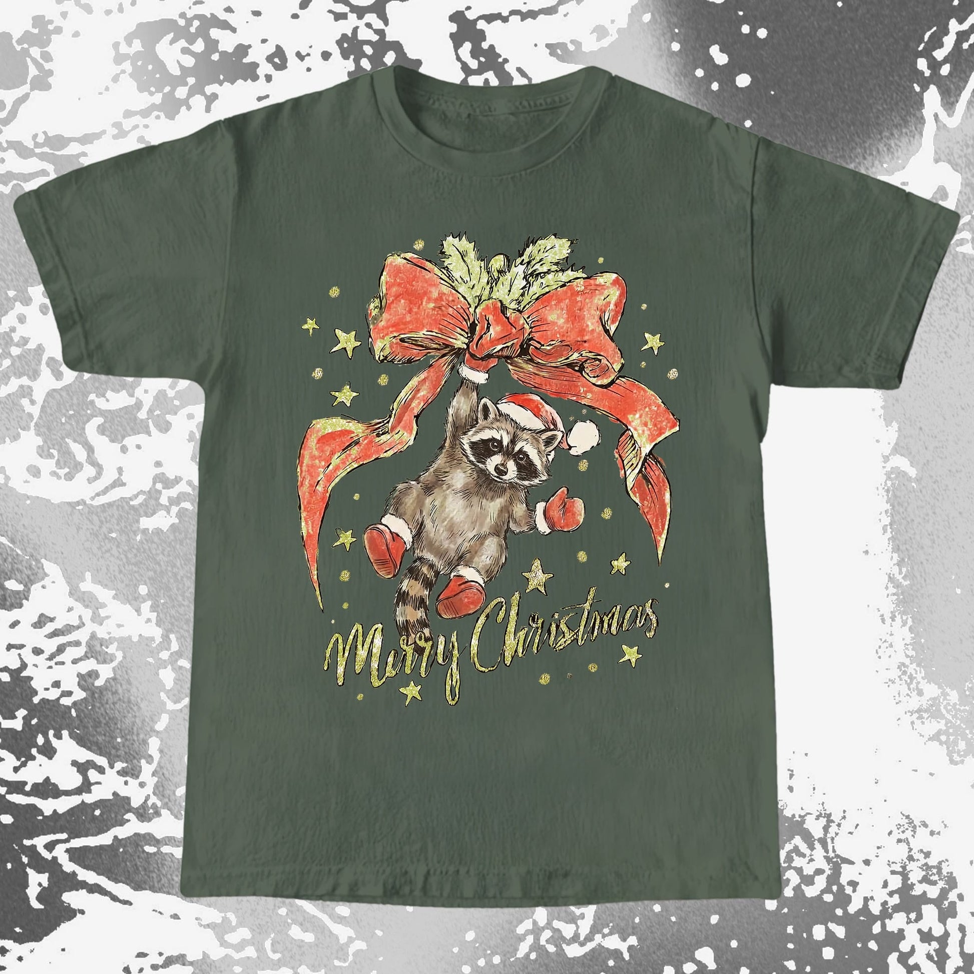Merry Christmas Raccoon Hanging Bow Shirt, funny meme tee gift (view 2)