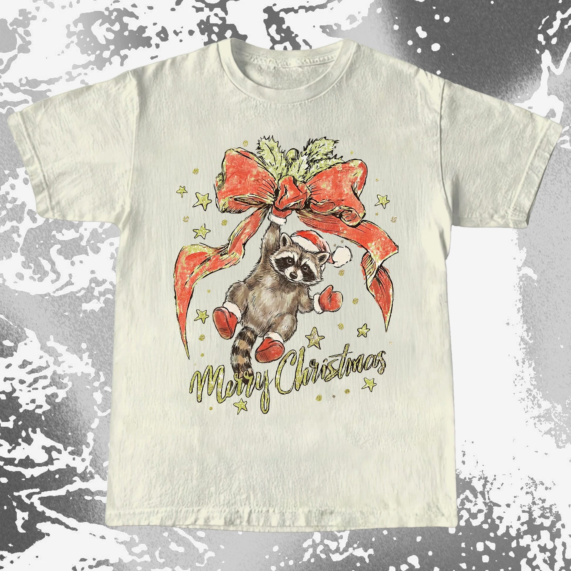 Merry Christmas Raccoon Hanging Bow Shirt, funny meme tee gift (view 6)