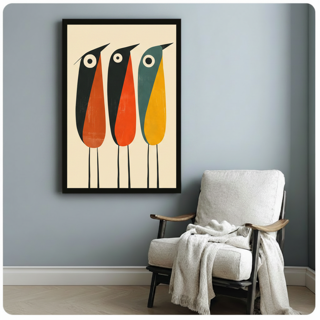 Retro Three Birds Abstract Canvas Wall Art