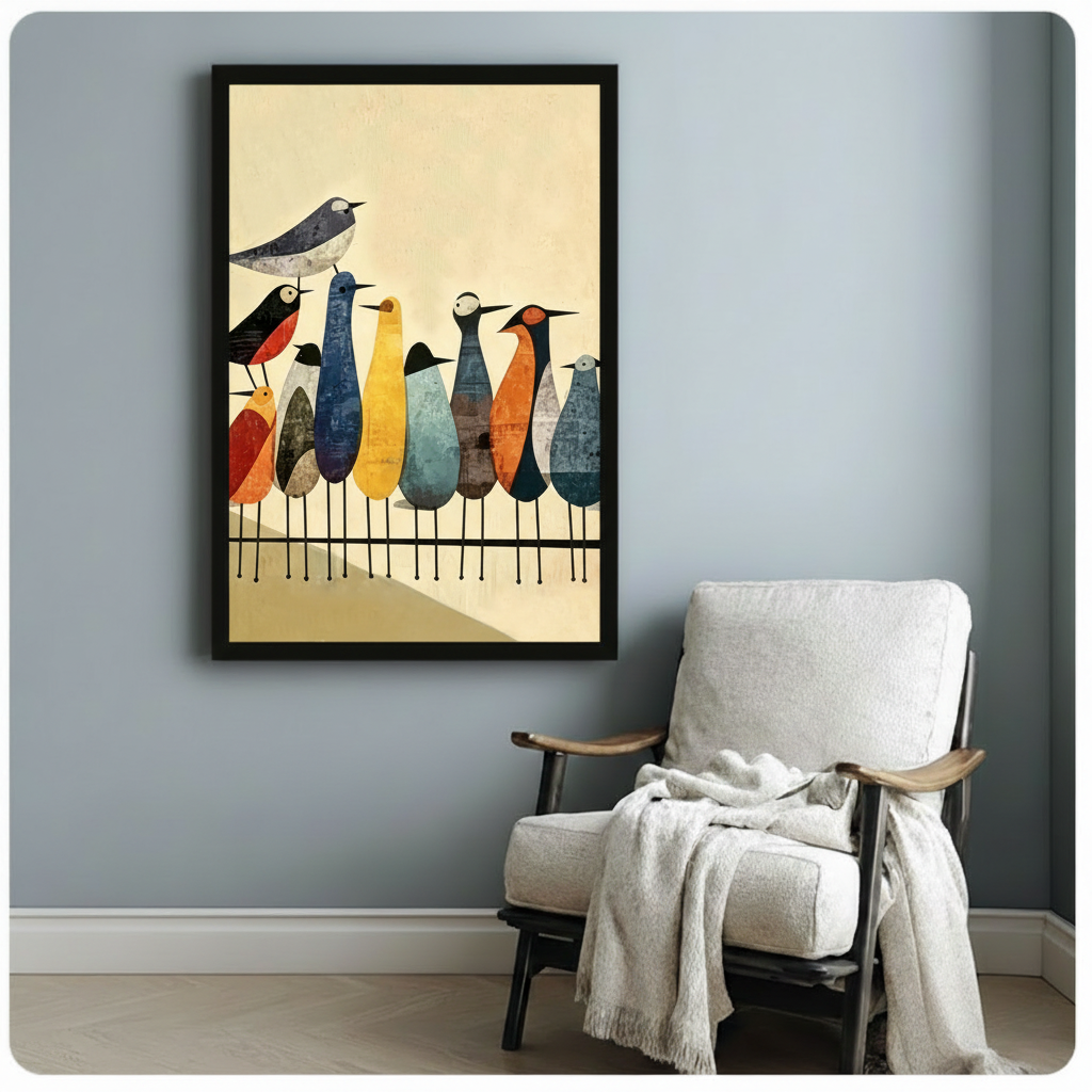 Mid-Century Modern Colorful Birds Canvas Wall Art
