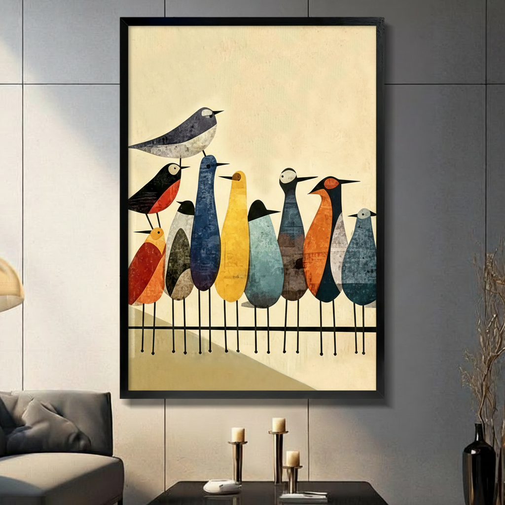 Mid-Century Modern Colorful Birds Canvas Wall Art