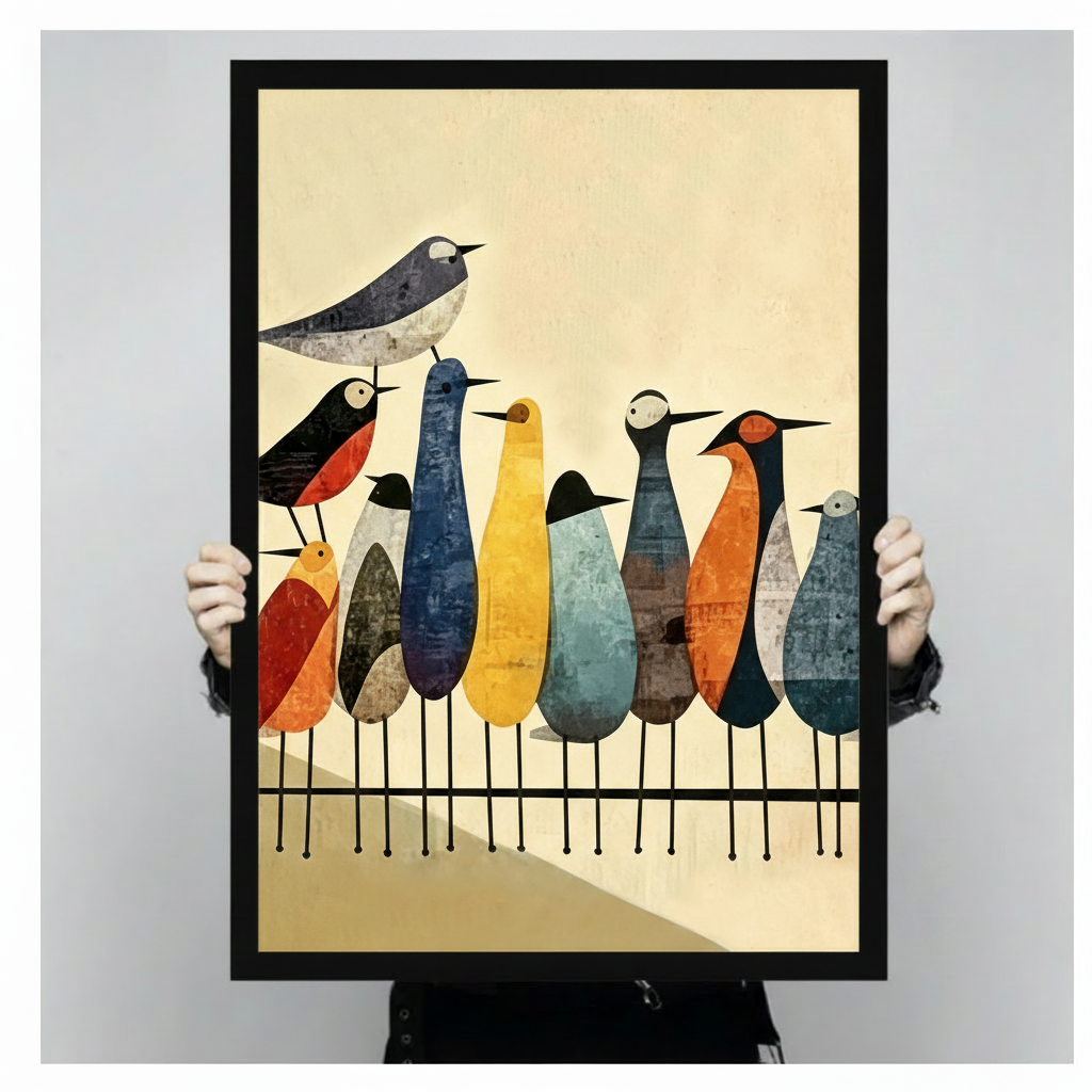 Mid-Century Modern Colorful Birds Canvas Wall Art