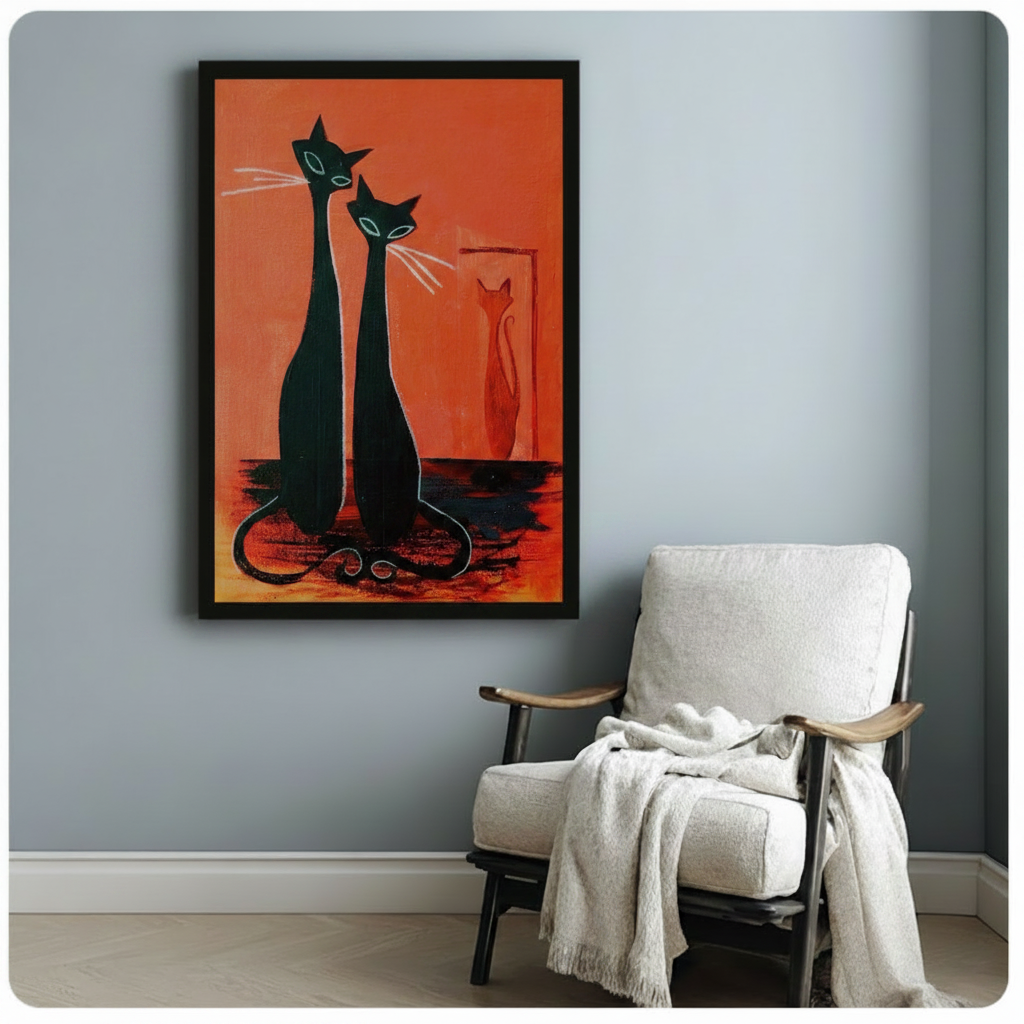 Mid-Century Modern Black Cats Canvas Wall Art