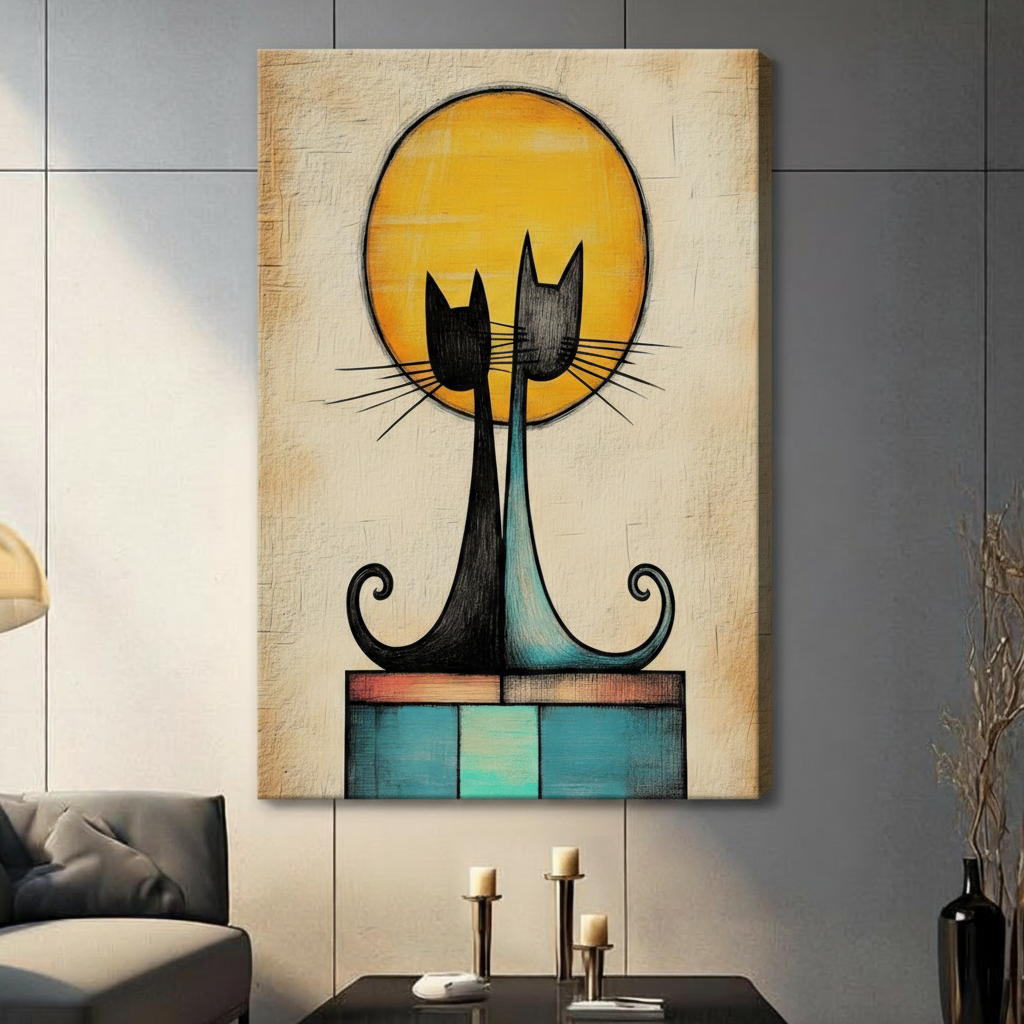 Two Cats Golden Moon Framed Canvas Art Wall Art