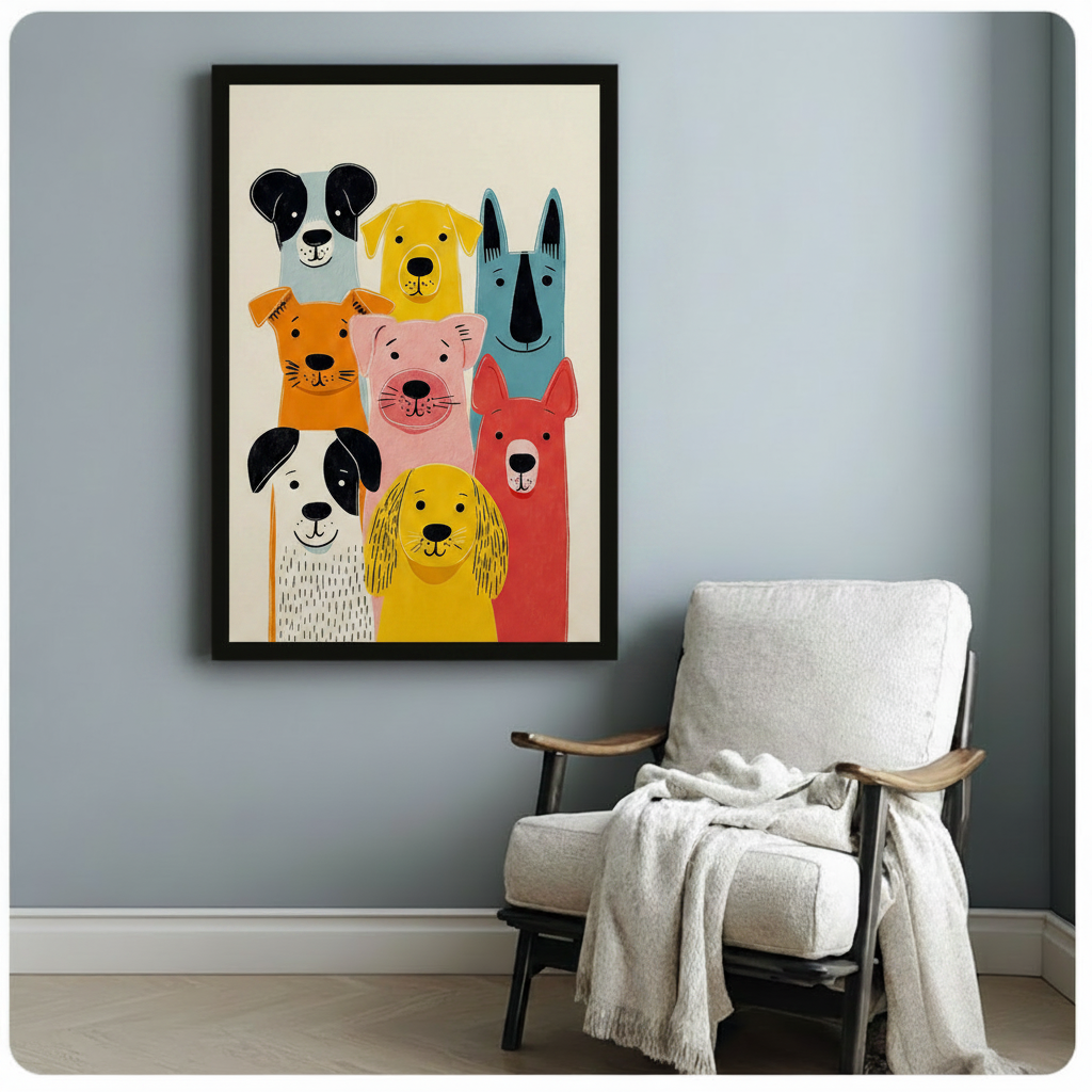 Colorful Cartoon Dog Pack Canvas Art Wall Art