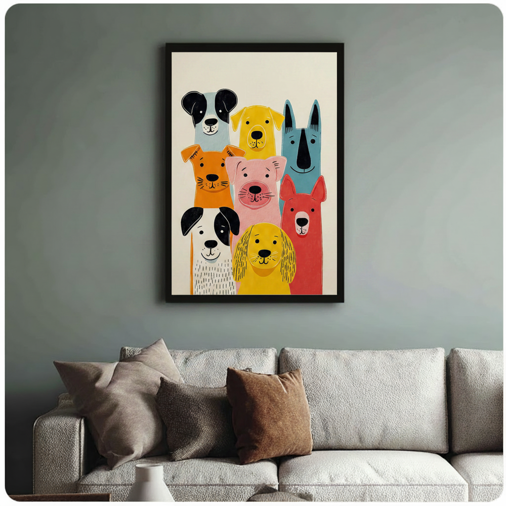 Colorful Cartoon Dog Pack Canvas Art Wall Art