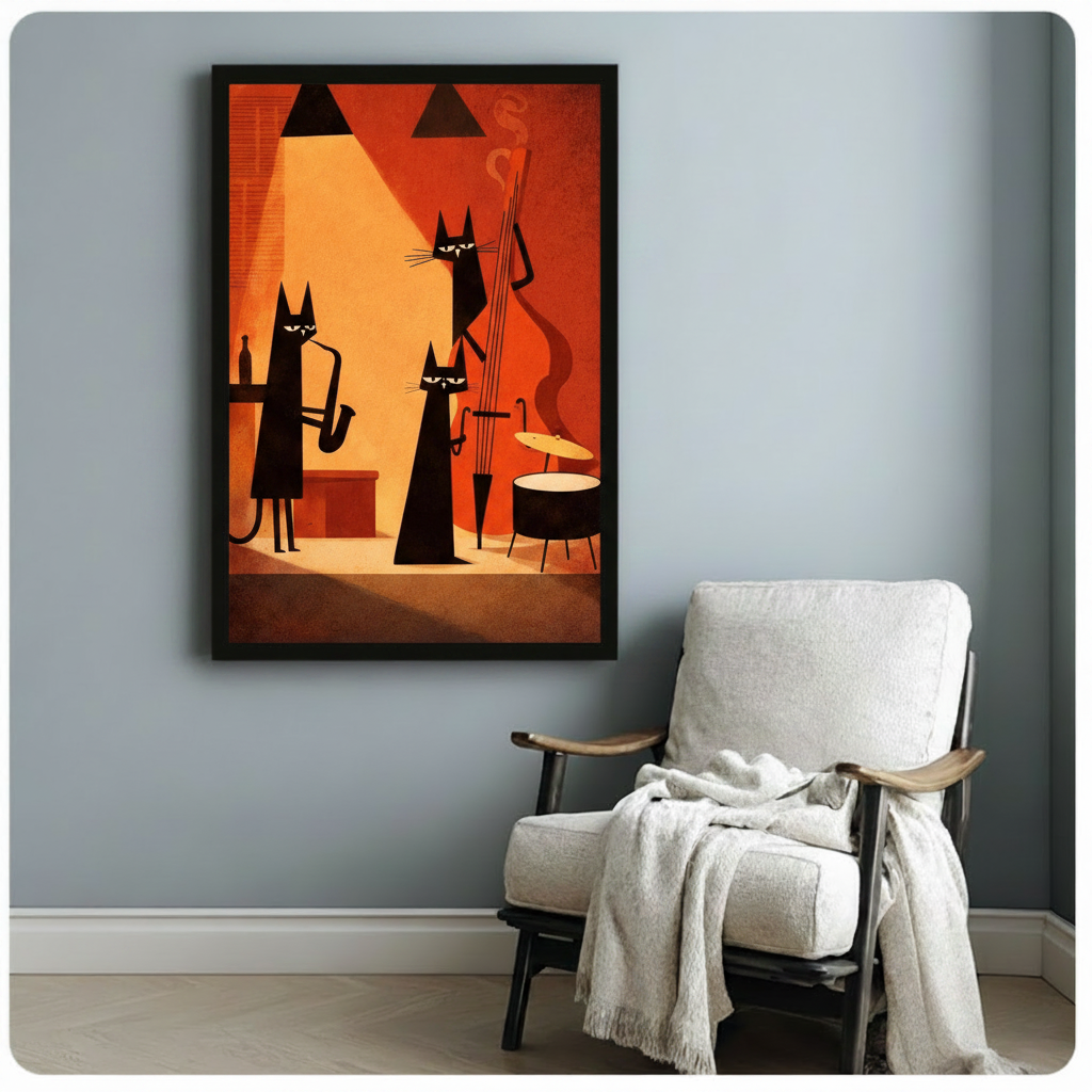 Retro Jazz Cat Band Canvas Wall Art