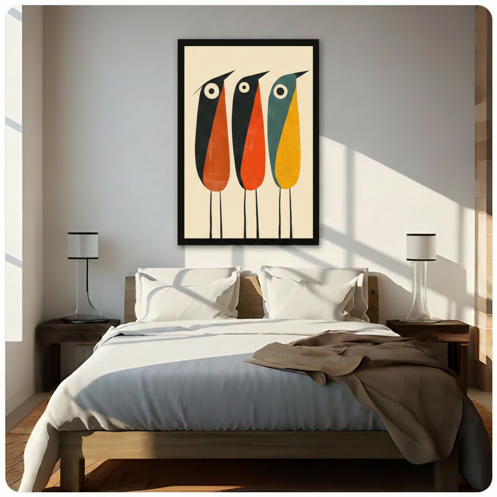 Retro Three Birds Abstract Canvas Wall Art