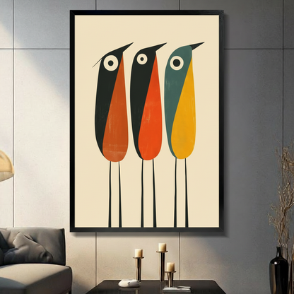 Retro Three Birds Abstract Canvas Wall Art