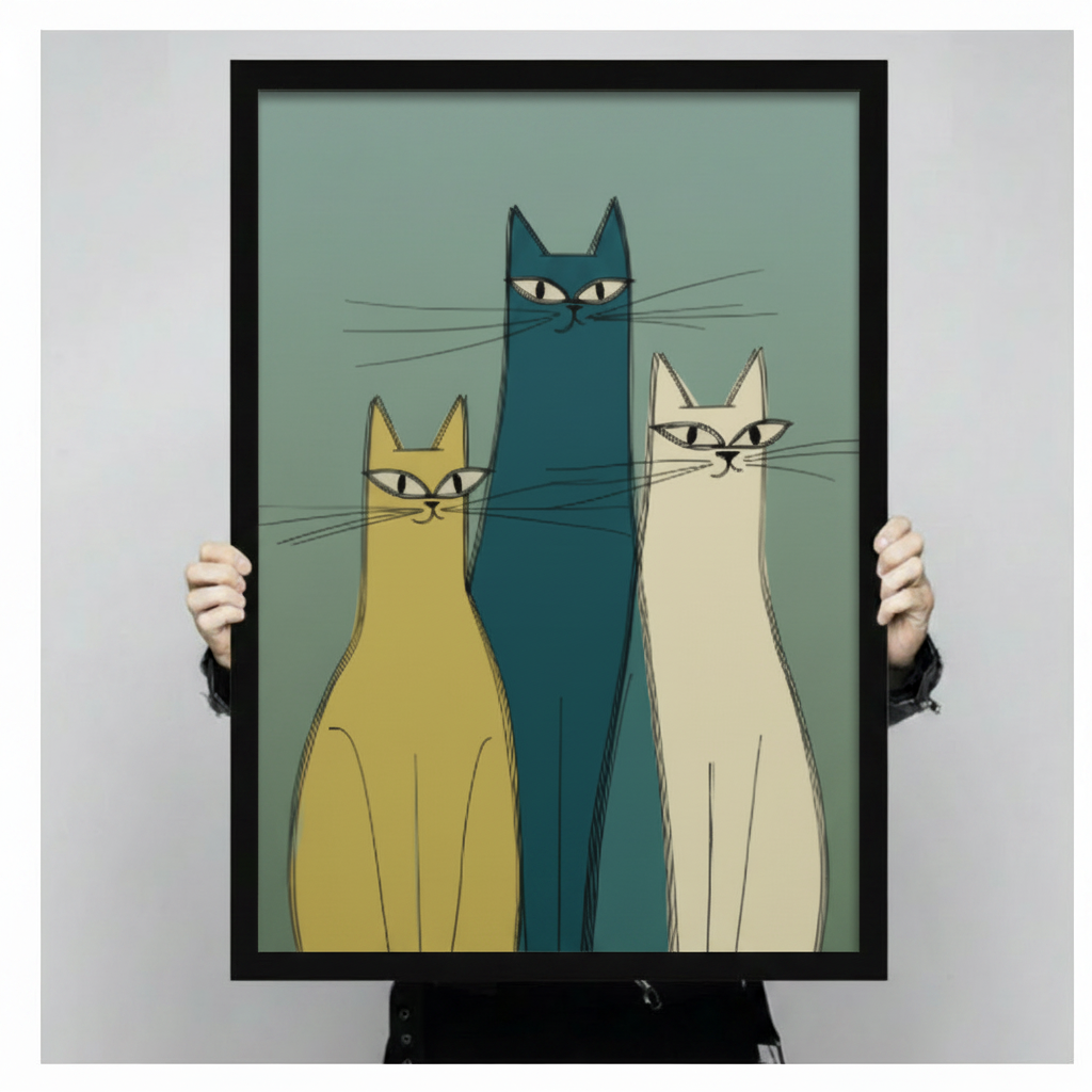 Mid-Century Modern Three Cats Canvas Wall Art