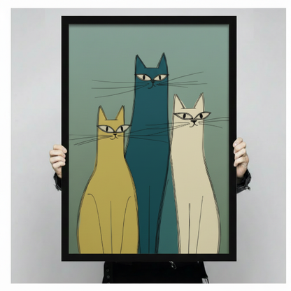 Mid-Century Modern Three Cats Canvas Wall Art