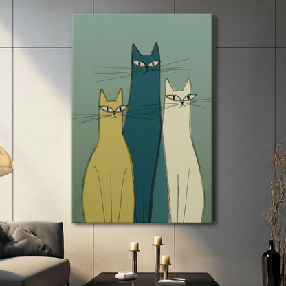 Mid-Century Modern Three Cats Canvas Wall Art