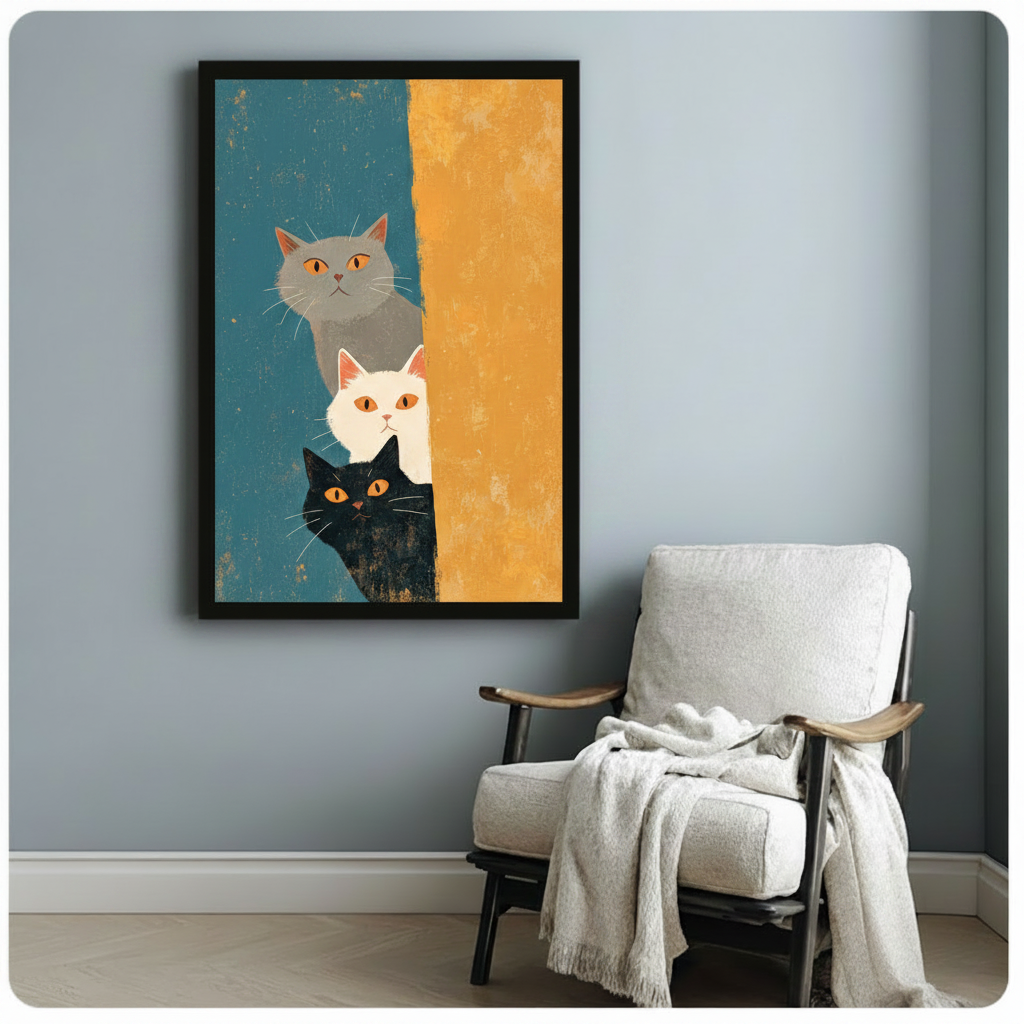 Three Peeking Cats Mid-Century Canvas Art Wall Art