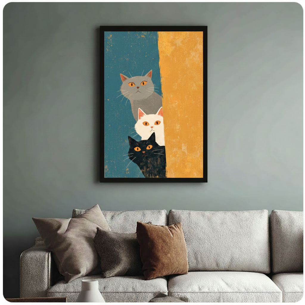 Three Peeking Cats Mid-Century Canvas Art Wall Art