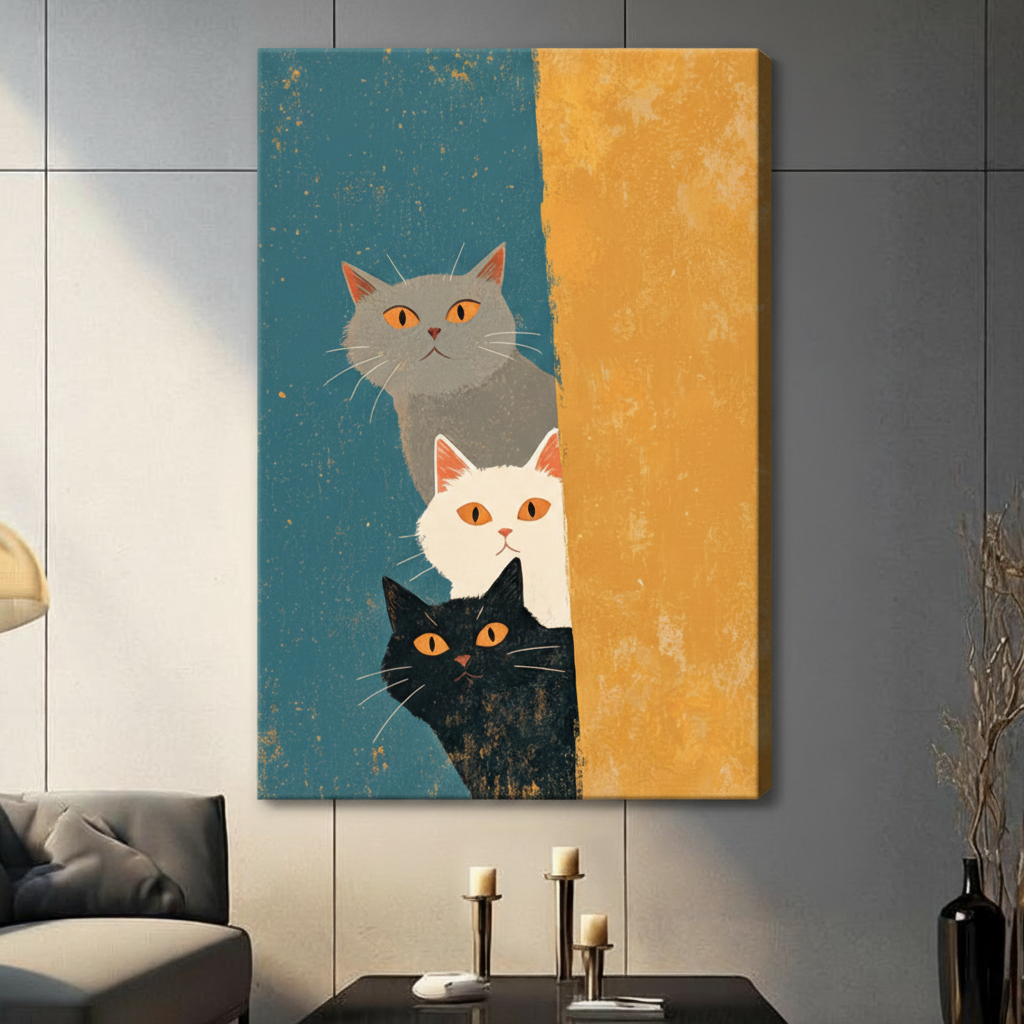 Three Peeking Cats Mid-Century Canvas Art Wall Art