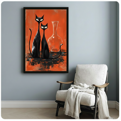 Mid-Century Black Cats Red Canvas Art Wall Art