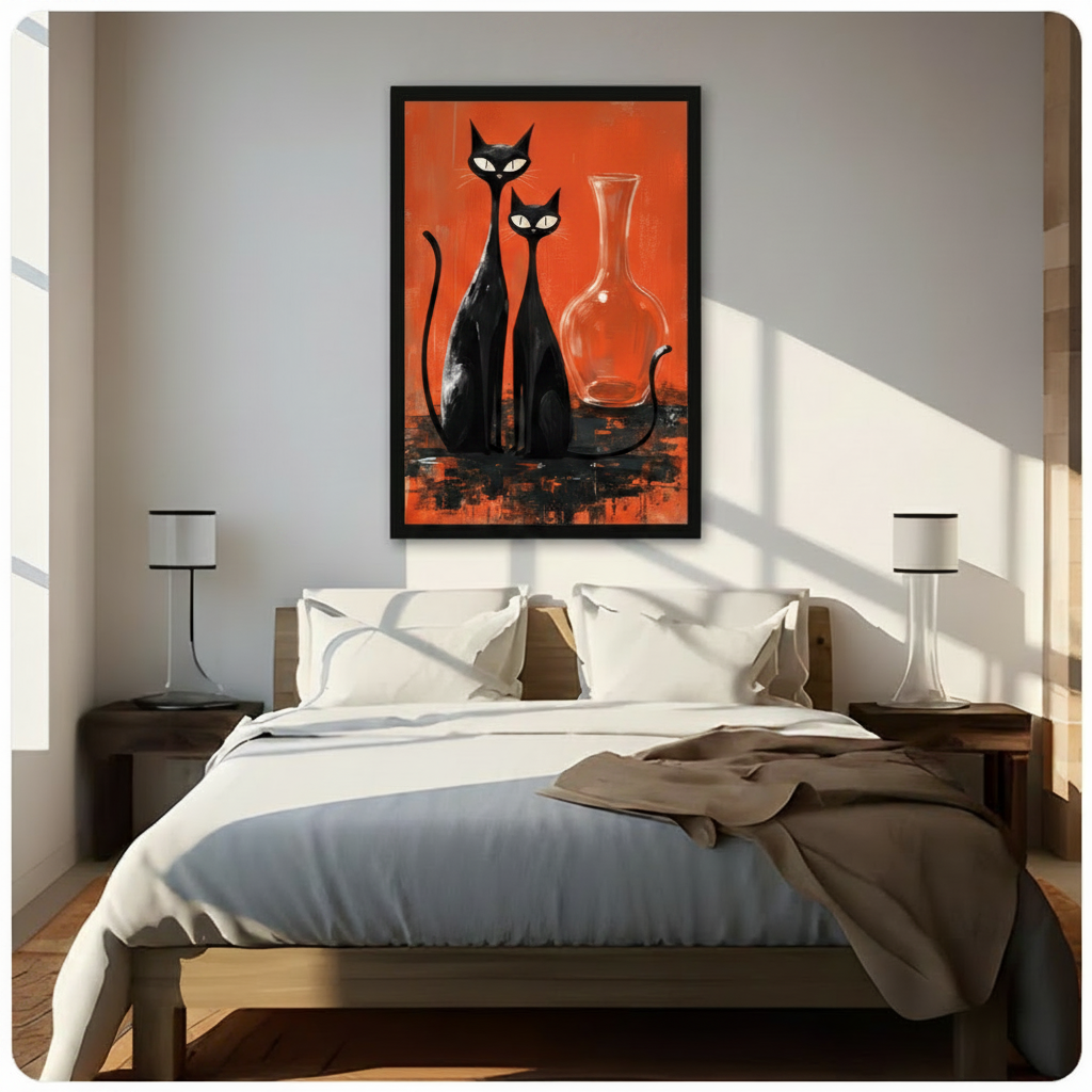 Mid-Century Black Cats Red Canvas Art Wall Art