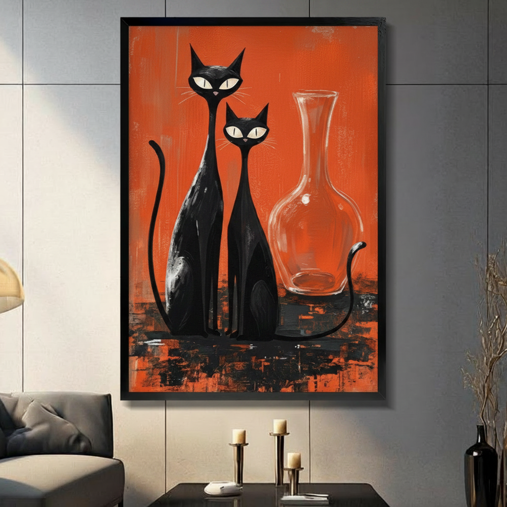 Mid-Century Black Cats Red Canvas Art Wall Art