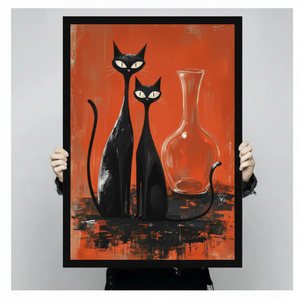 Mid-Century Black Cats Red Canvas Art Wall Art