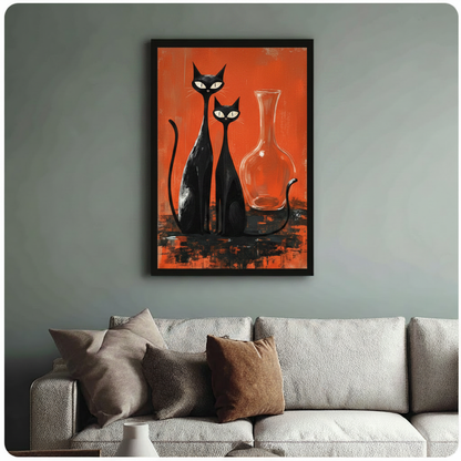 Mid-Century Black Cats Red Canvas Art Wall Art