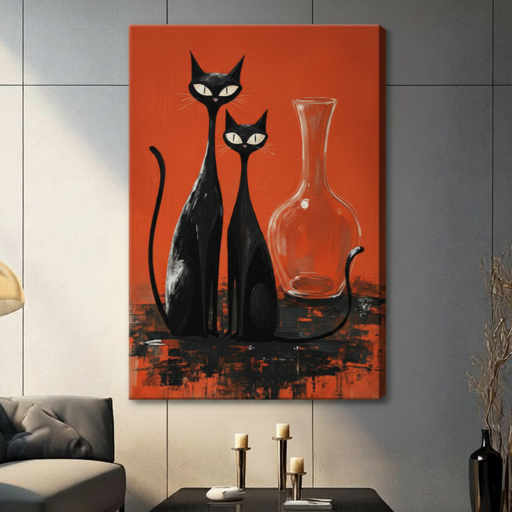 Mid-Century Black Cats Red Canvas Art Wall Art