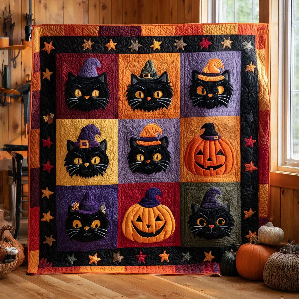 Midnight Cat Pumpkin Quilt Blanket