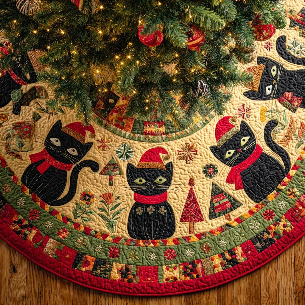 Midnight Noel Cat Christmas Quilted Tree Skirt