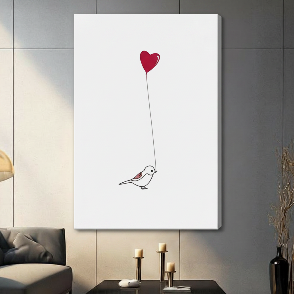 Minimalist Bird Heart Balloon Canvas Wall Art