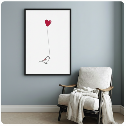 Minimalist Bird Heart Balloon Canvas Wall Art
