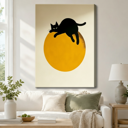 Minimalist Black Cat Sun Canvas Wall Art