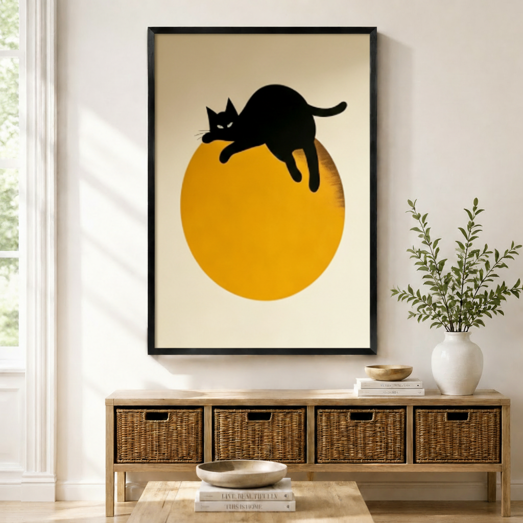 Minimalist Black Cat Sun Canvas Wall Art