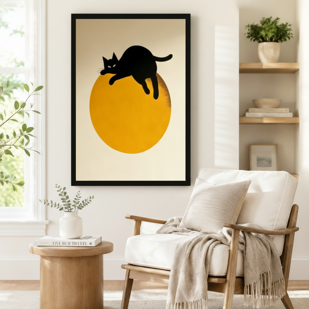 Minimalist Black Cat Sun Canvas Wall Art