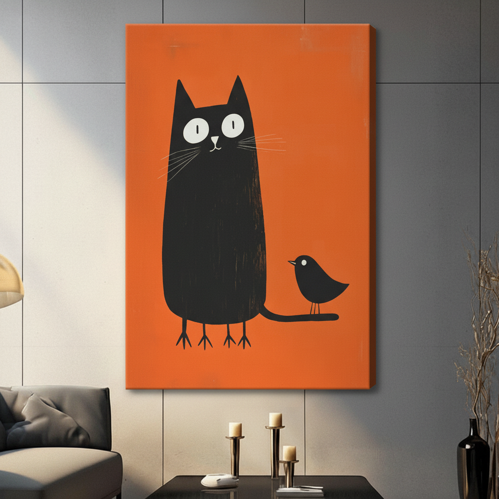 Retro Black Cat Bird Orange Canvas Art Wall Art