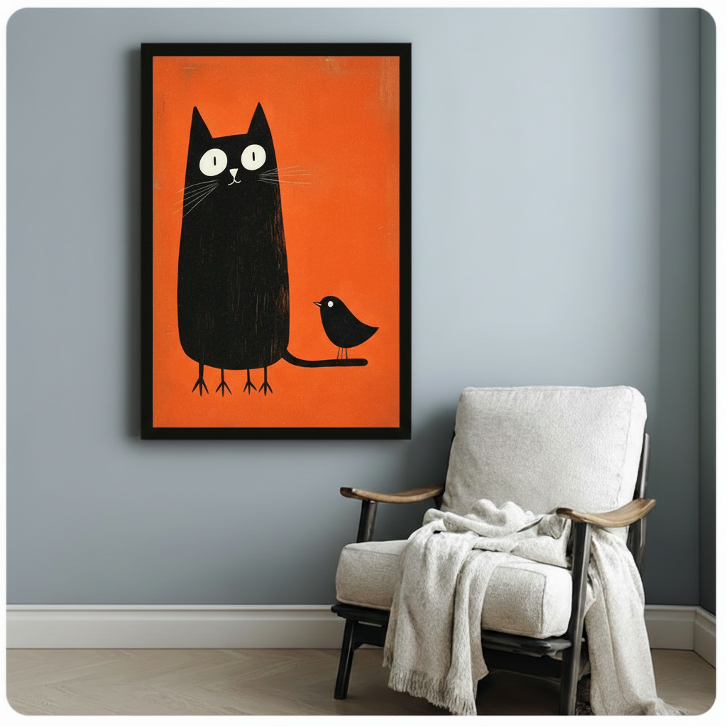 Retro Black Cat Bird Orange Canvas Art Wall Art