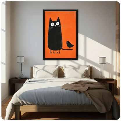 Retro Black Cat Bird Orange Canvas Art Wall Art