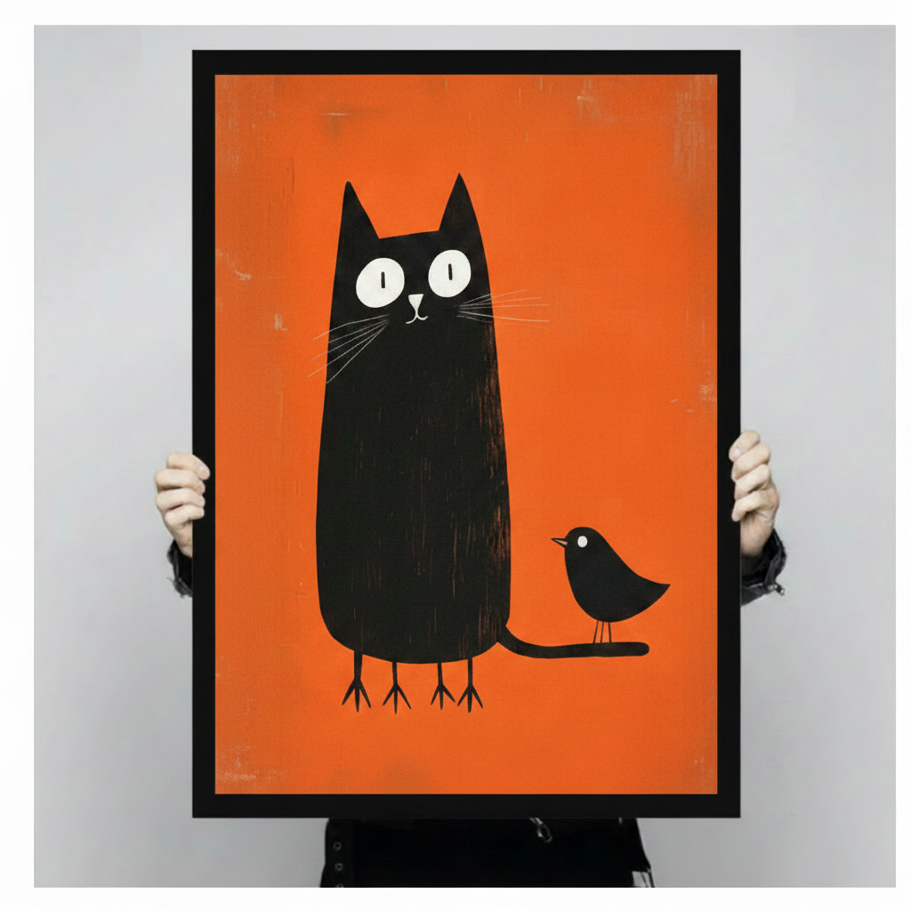 Retro Black Cat Bird Orange Canvas Art Wall Art