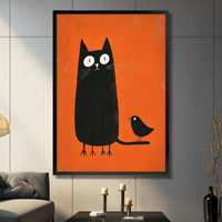 Retro Black Cat Bird Orange Canvas Art Wall Art