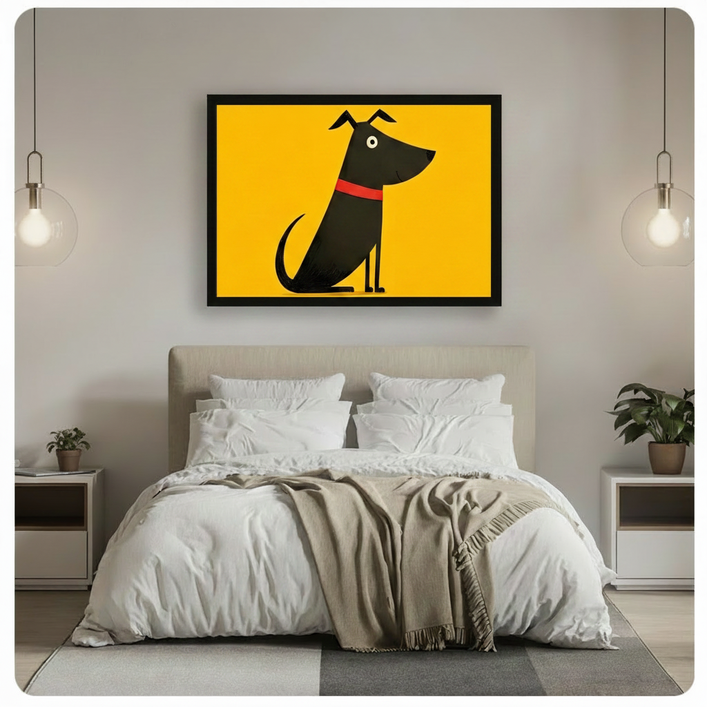 Cute Black Dog Yellow Canvas Wall Art