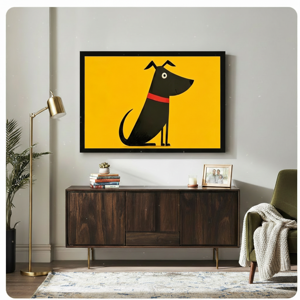 Cute Black Dog Yellow Canvas Wall Art