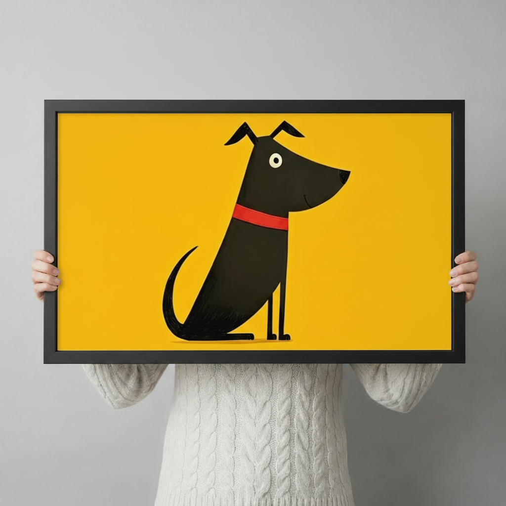Cute Black Dog Yellow Canvas Wall Art
