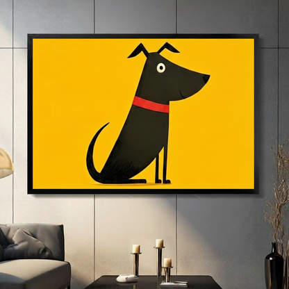 Cute Black Dog Yellow Canvas Wall Art