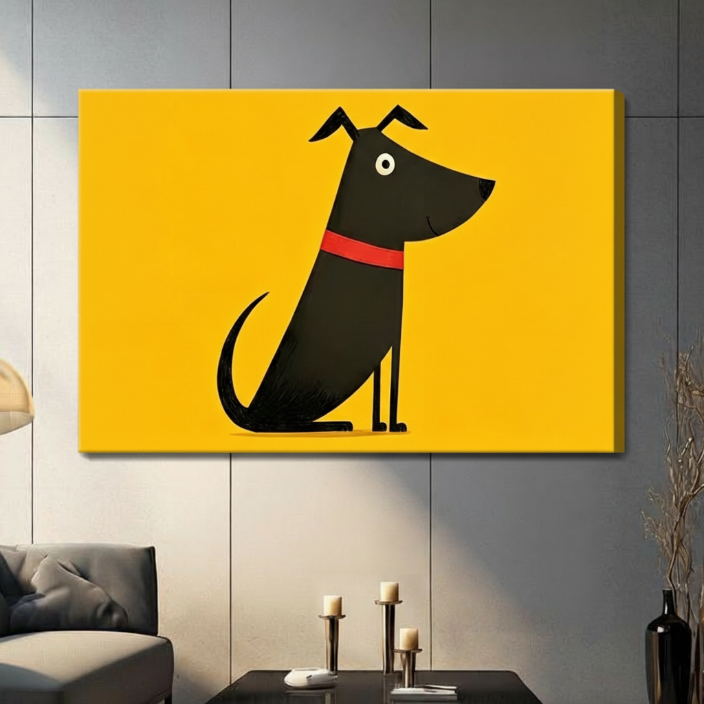 Cute Black Dog Yellow Canvas Wall Art