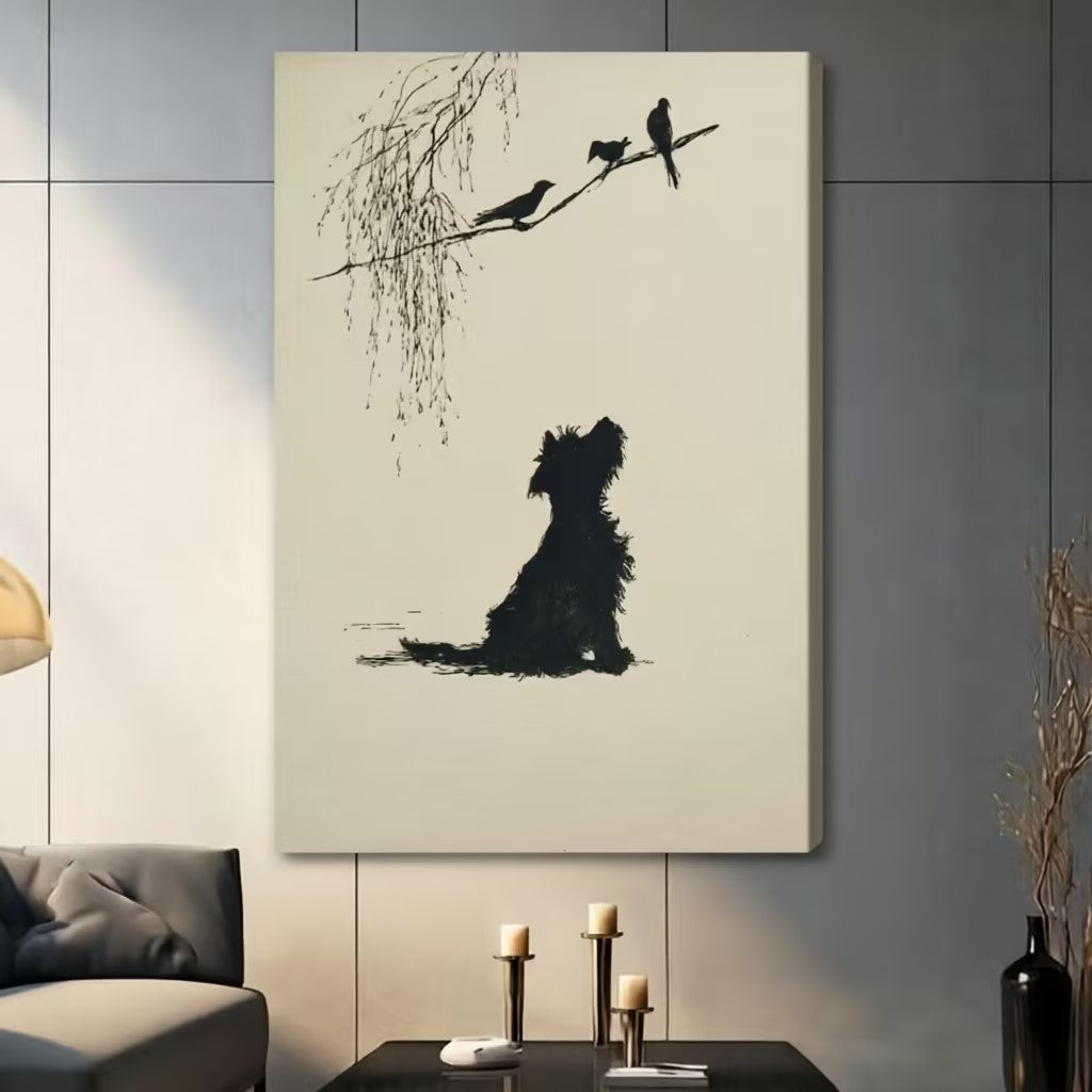 Minimalist Dog Birds Willow Ink Art Canvas Wall Art