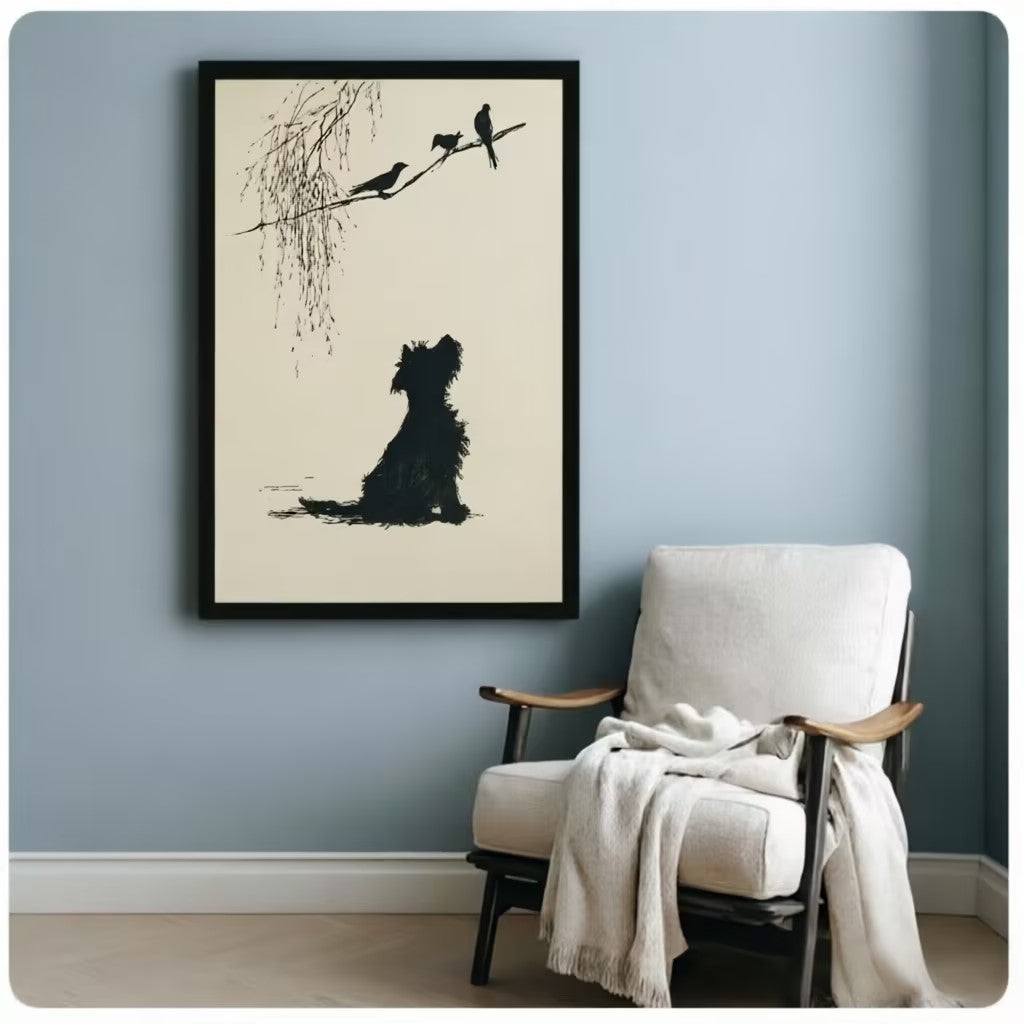 Minimalist Dog Birds Willow Ink Art Canvas Wall Art