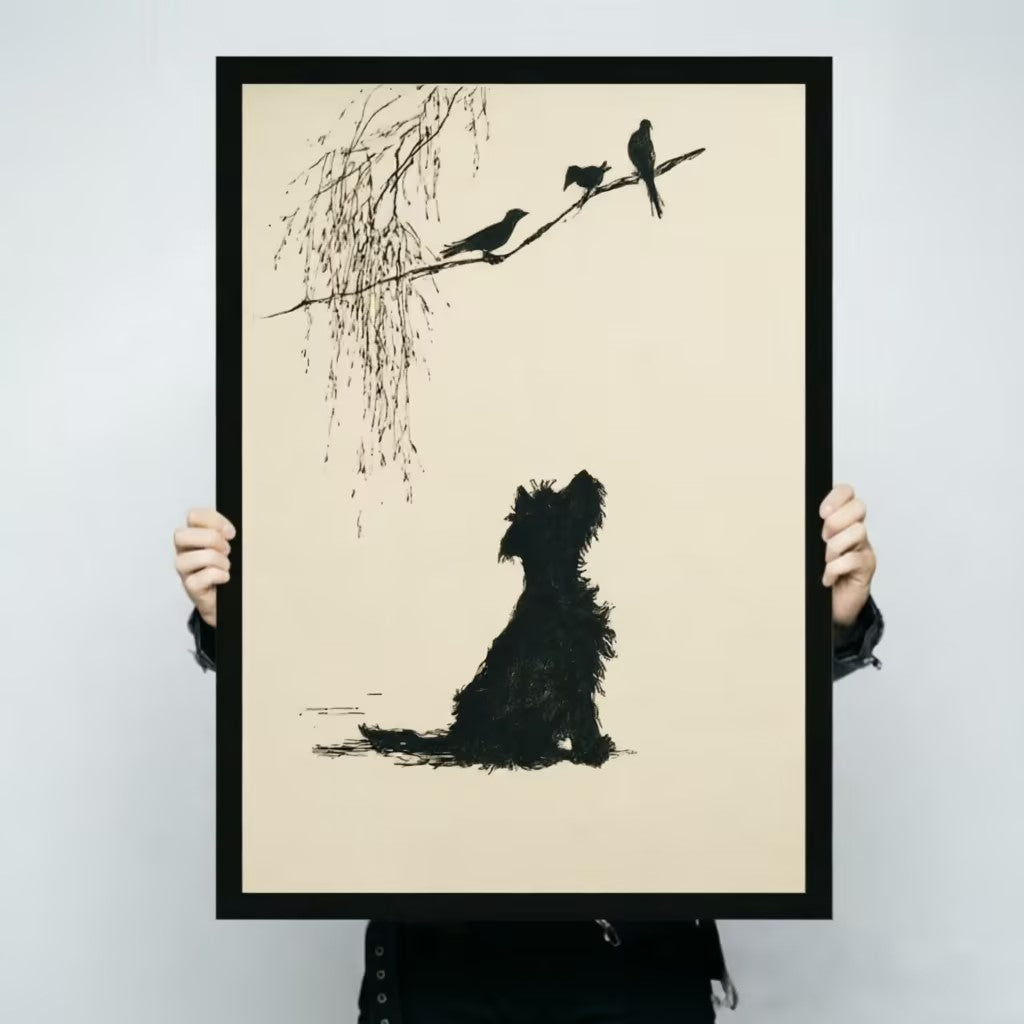 Minimalist Dog Birds Willow Ink Art Canvas Wall Art
