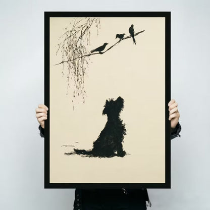 Minimalist Dog Birds Willow Ink Art Canvas Wall Art