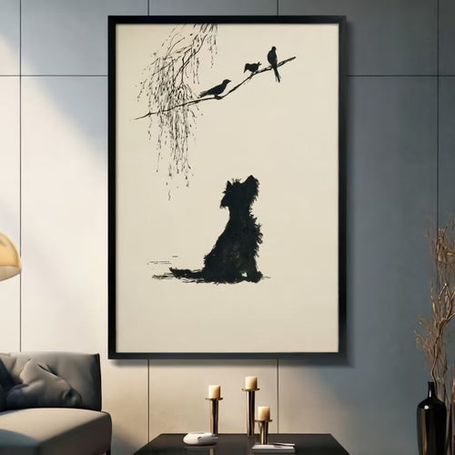 Minimalist Dog Birds Willow Ink Art Canvas Wall Art