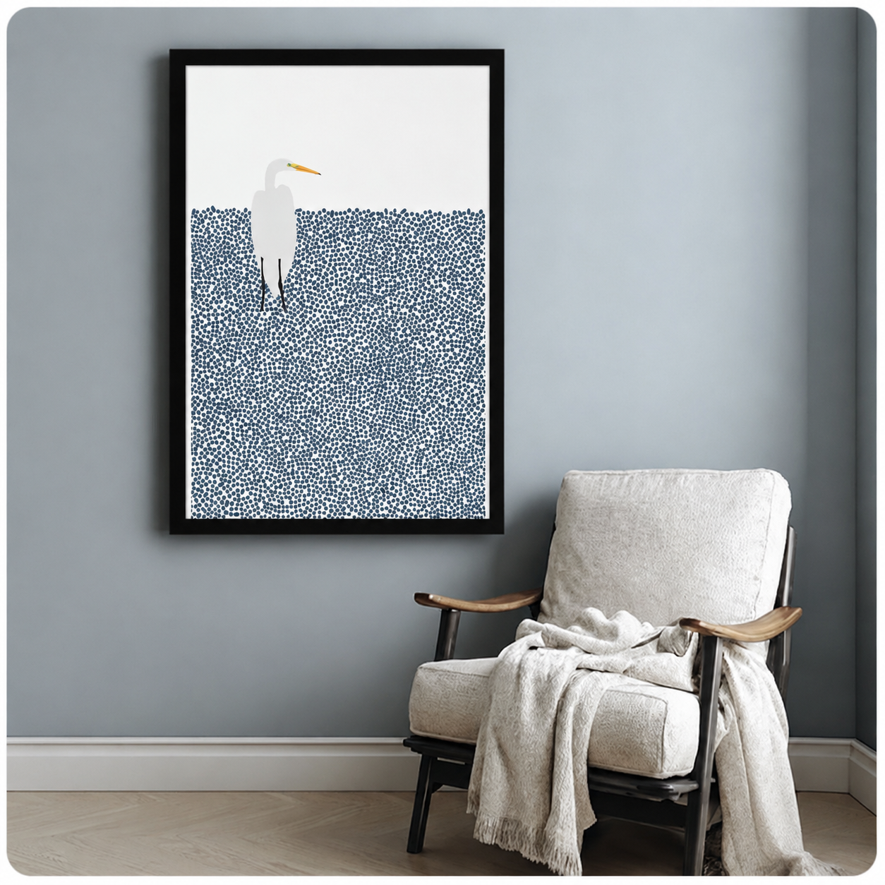 Minimalist White Egret Blue Dots Canvas Wall Art
